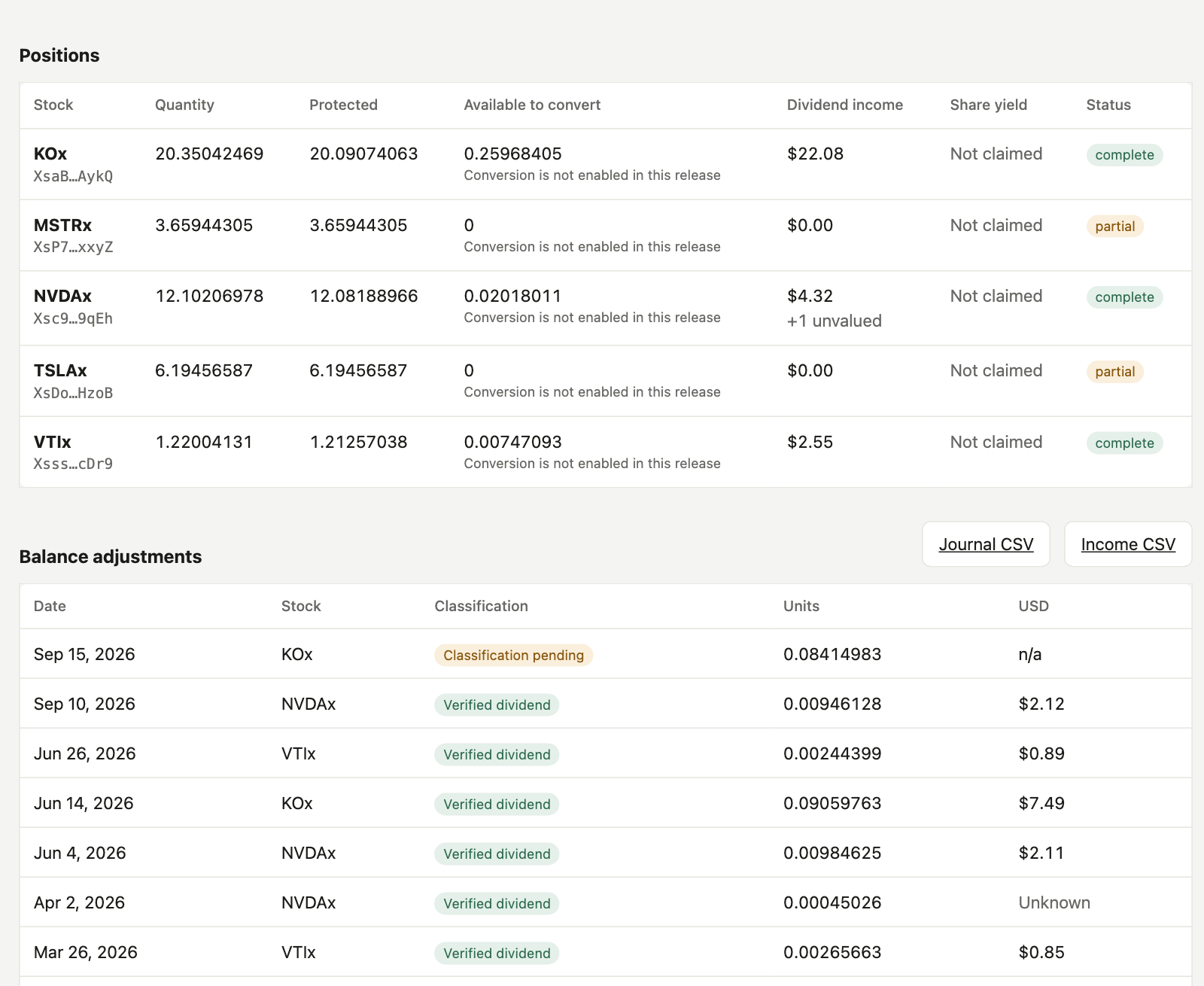 The Corpact demo view showing five tokenized stock positions with quantity, protected floor and dividend income, above a list of balance adjustments. One row, KOx on 15 September 2026, is marked Classification pending with no USD value. Another, NVDAx on 2 April 2026, is a verified dividend whose USD value reads Unknown.